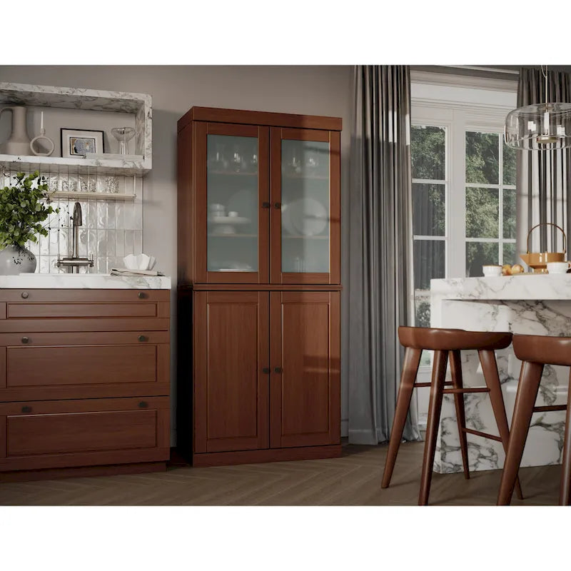 100% Solid Wood Pantry Cabinet with Frosted Glass Doors, Solid Doors, 2-Drawers and Adjustable Shelves