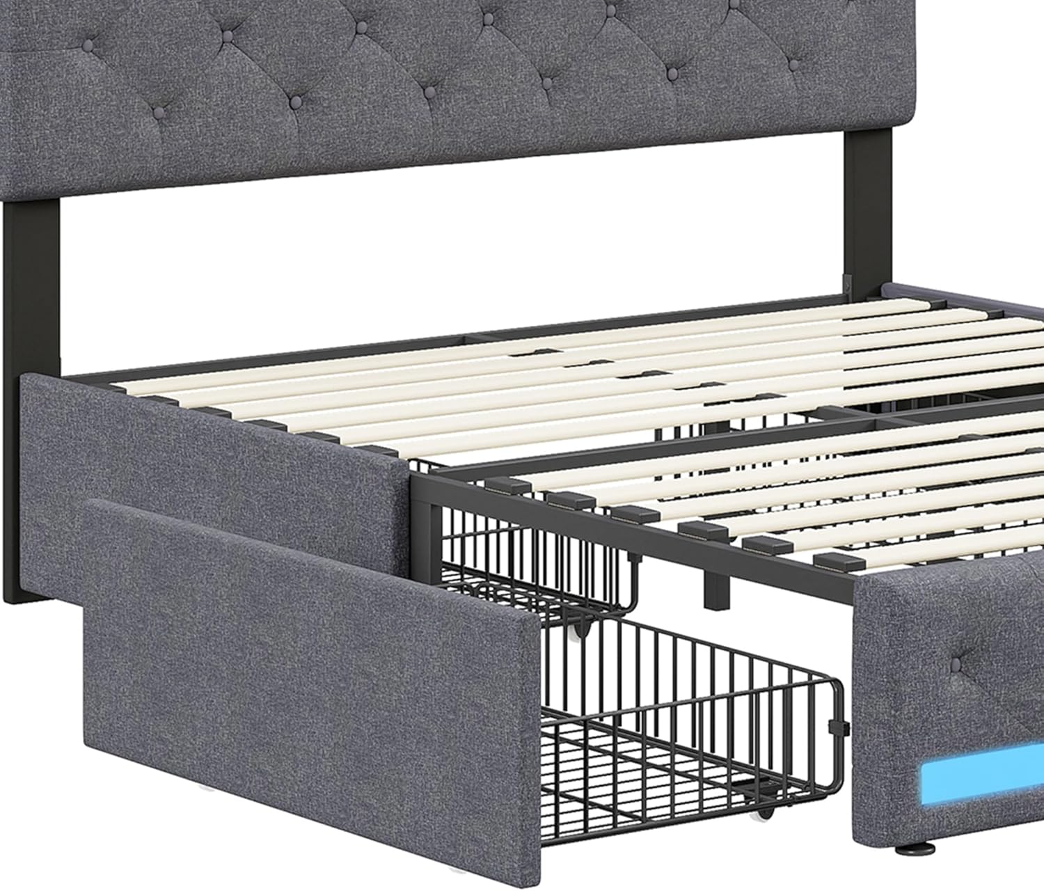 Lit double rembourré 140 x 190 cm avec 4 tiroirs, sommier à lattes, éclairage LED et ports USB, tête de lit réglable