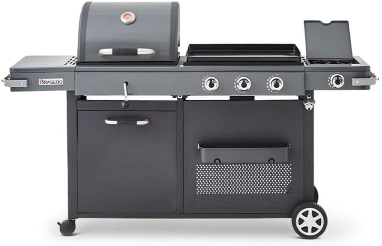 - Barbecue Bi-Energy Gun Metal XL - Barbecue Charbon et Plancha 60 x 42 cm à gaz avec brûleur latéral -12,95 KW