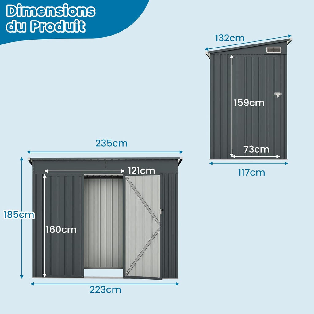 COSTWAY Abri de Jardin en Métal 2,6㎡, Cabane Jardin Exterieur en Acier Galvanisé 5,7 m³ avec Loquet, Porte avec serrure et clé, Toit en Pente, 4 Gants, 2 Trous d’Aérations, Abri Exterieur (Gris foncé)