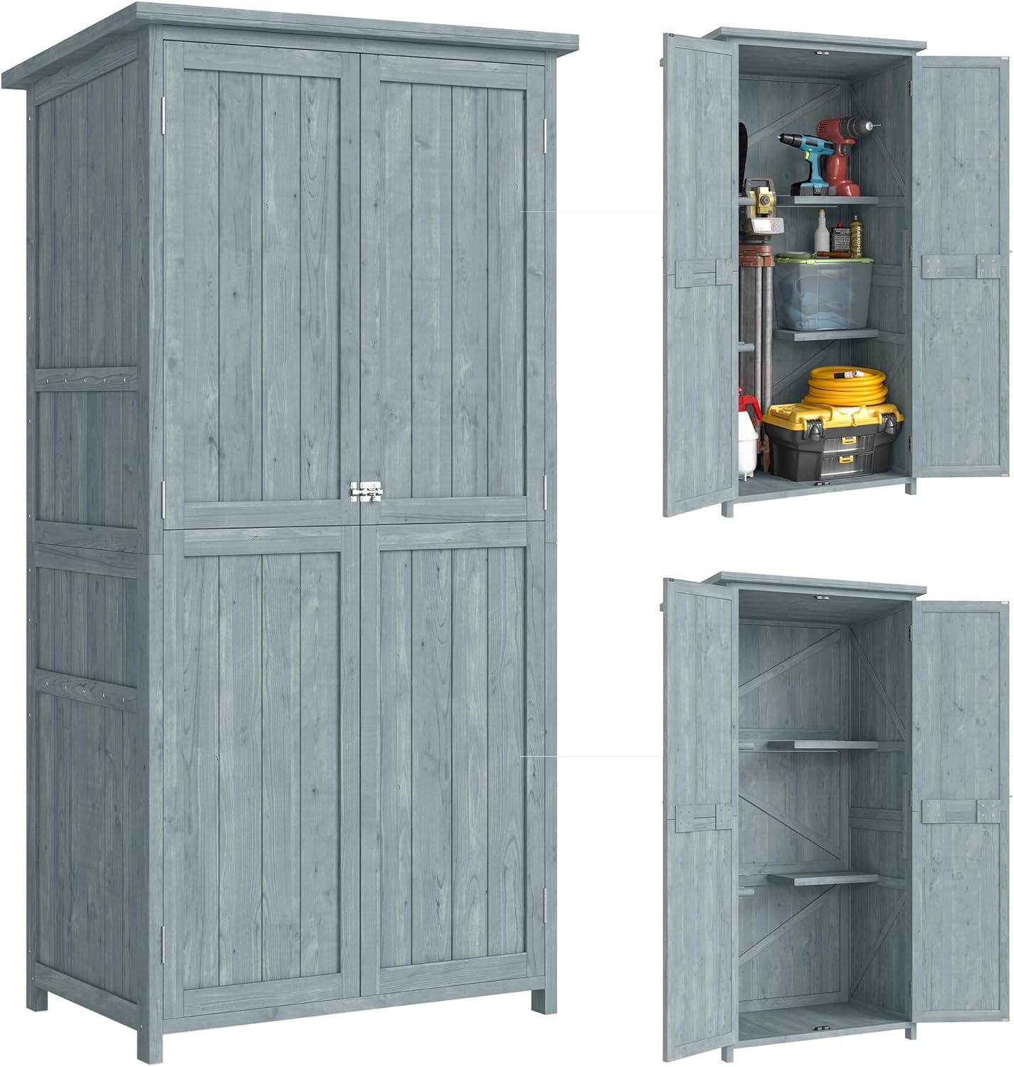 Outsunny Armoire de Jardin, Armoire extérieure de Rangement en Bois avec 2 Portes verrouillables, 2 étagères et 10 Crochets, Toit en Asphalte étanche, pour Balcon, terrasse, 85 x 54 x 170 cm, Gris