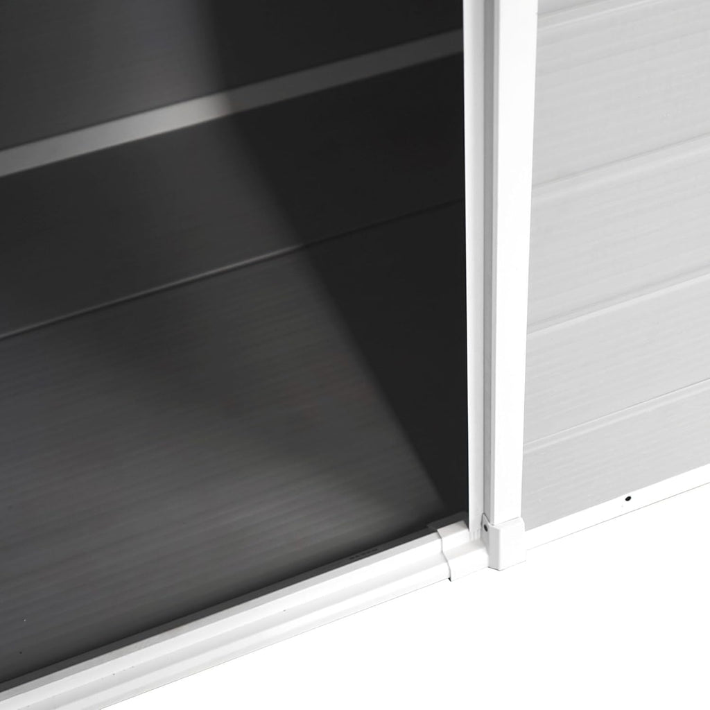 WASABI Abri de Jardin en Résine Unit 1.4 - Assemblage Simple - Fenêtre à lumière du Jour - Panneaux de 12mm d'épaisseur - Plancher Inclus - Blanc Gris - Cabane de Stockage extérieur en PVC 1,37m2