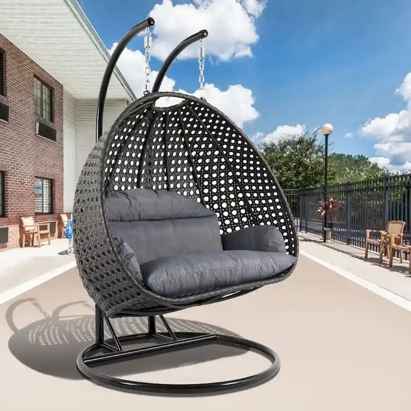 Egg-Shaped Hanging Swing Chair with Metal Stand, Wicker Frame & Cushion �C Beige / Charcoal Blue / White / Blue / Antique White / Brown / Canvas, Seats 2