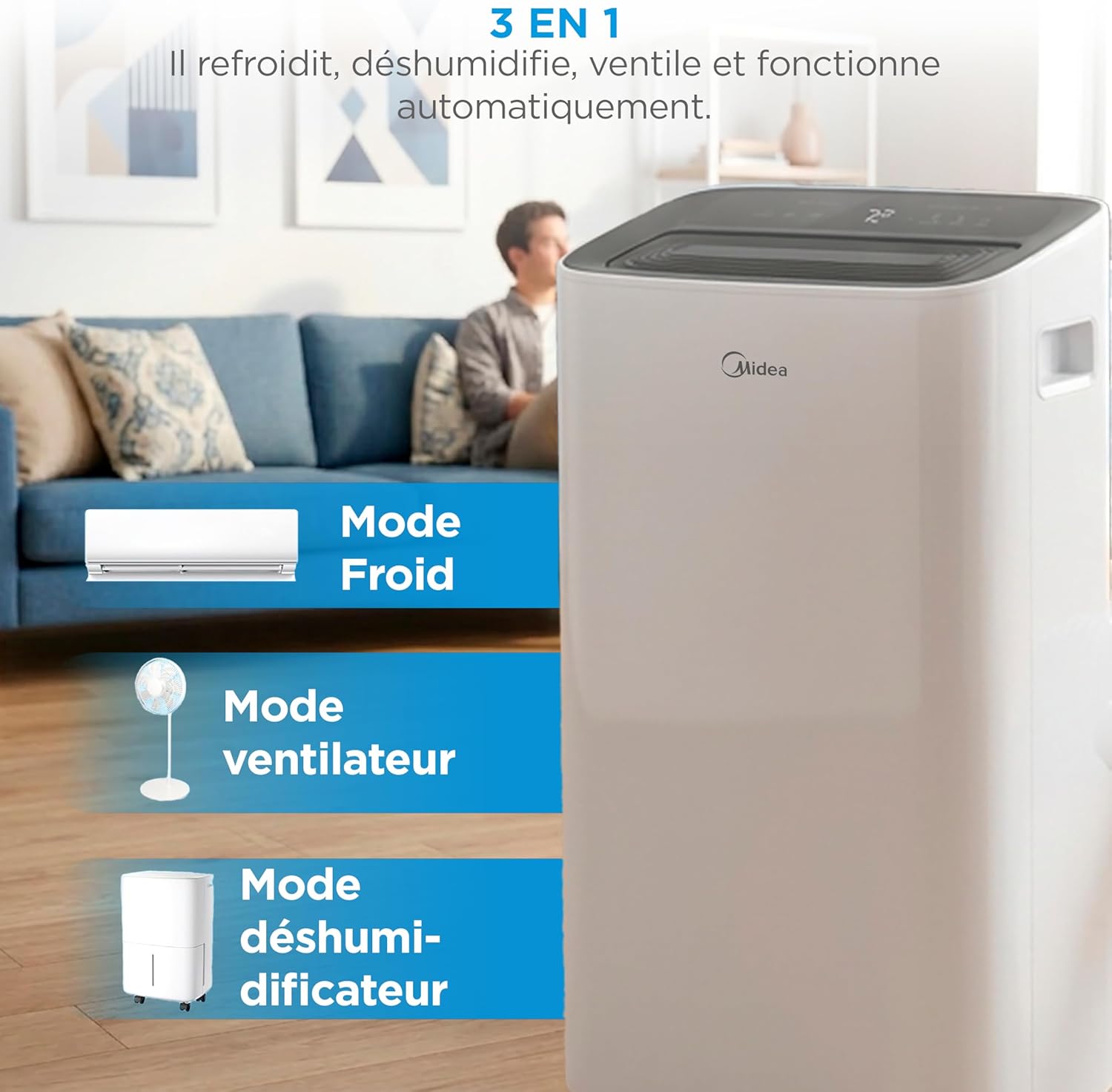 MIDEA Climatiseur Mobile Silencieux 12000 BTU avec Évacuation | 4 en 1: Climatisation, Ventilation, Déshumidification, Sleep | Clim Portable avec Contrôle App & Télécommande | Kit de Fenêtre Inclus