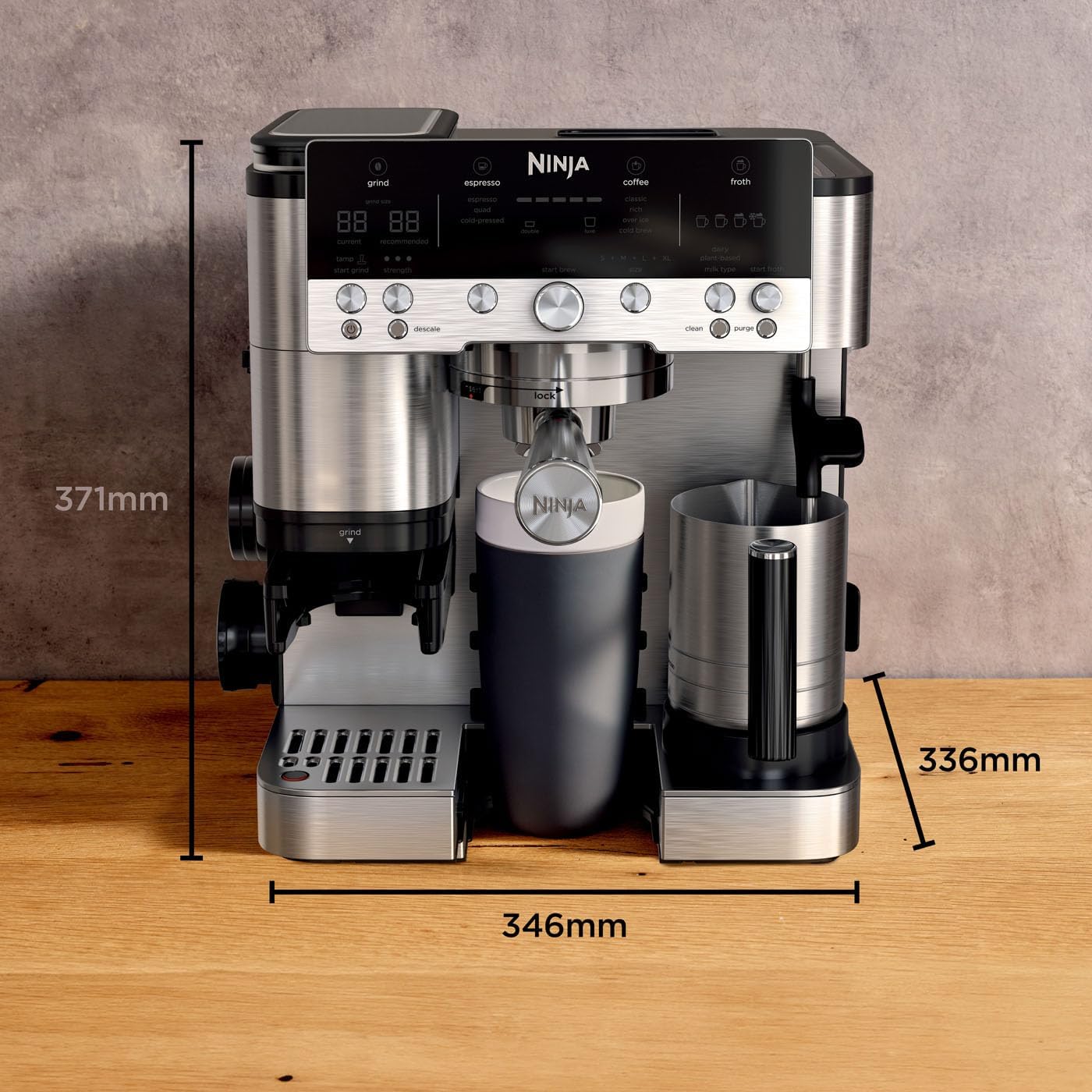 NINJA Machine à café Luxe Essential 2-en-1, Latte, Cappuccino et Espresso avec broyeur à grains et mousseur à lait intégrés, facile à utiliser, 2 préréglages mousse, argent, ES501EU