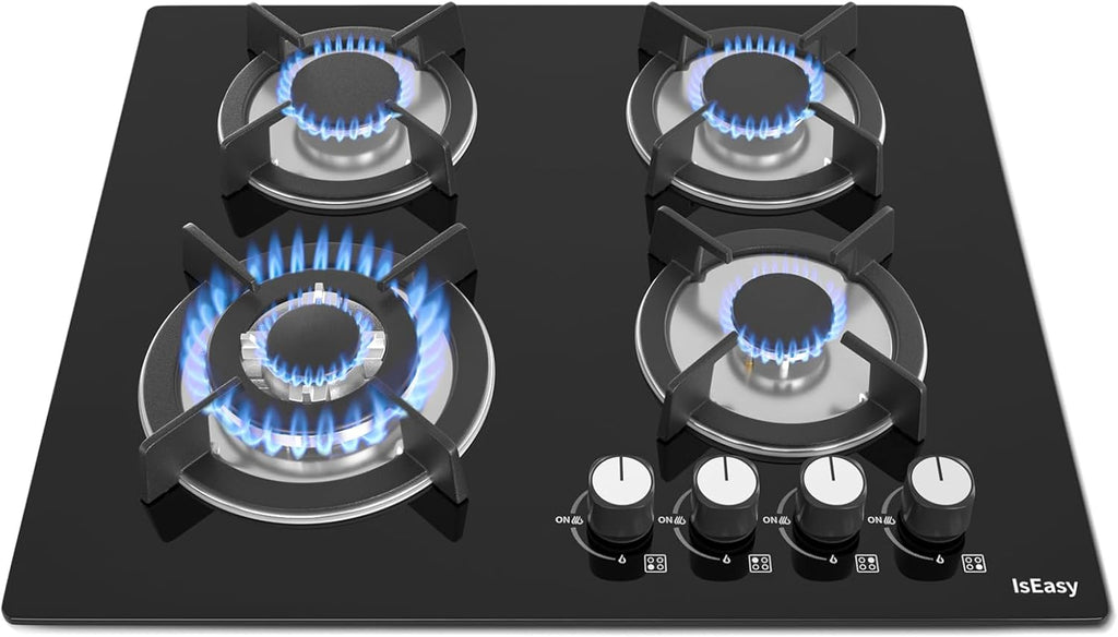 IsEasy Plaque Gaz 4 Feuxs Encastrable, Plaque de Cuisson Gaz 4 Feuxs Verre, Table Gazs 60cm, Gazs Bouteille et Ville, Avec buse NG/LPG