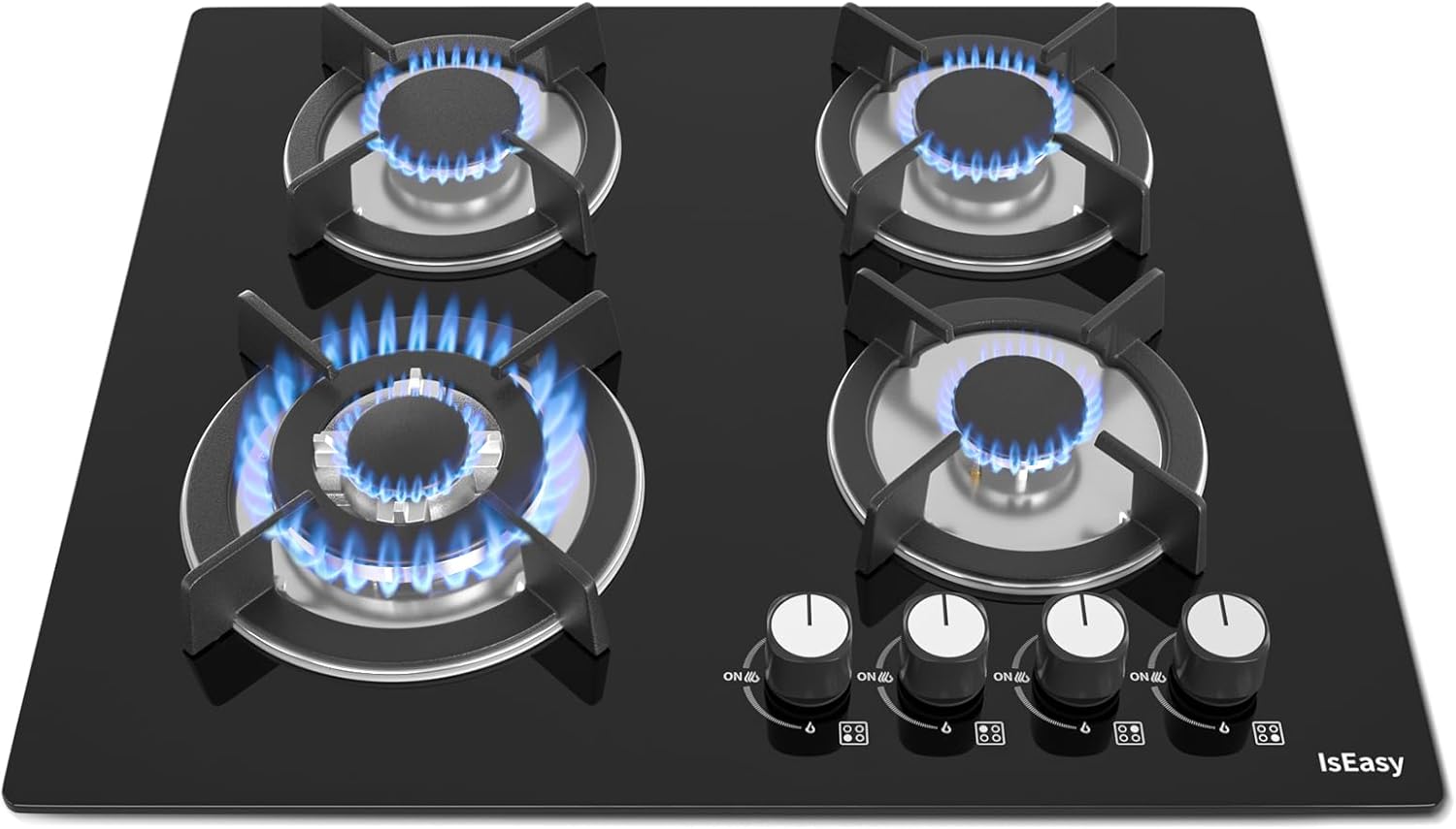 IsEasy Plaque Gaz 4 Feuxs Encastrable, Plaque de Cuisson Gaz 4 Feuxs Verre, Table Gazs 60cm, Gazs Bouteille et Ville, Avec buse NG/LPG