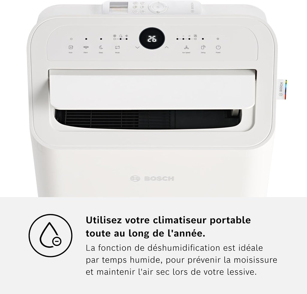 Bosch Cool 2000 Portable AC - 3 en 1 Climatiseur, Déshumidificateur, Ventilateur - 2,6 kW pour les pièces jusqu'à 35m² - Avec Mode Auto, Mode Silencieux et Mode Veille (46 db (A)) [Classe A]