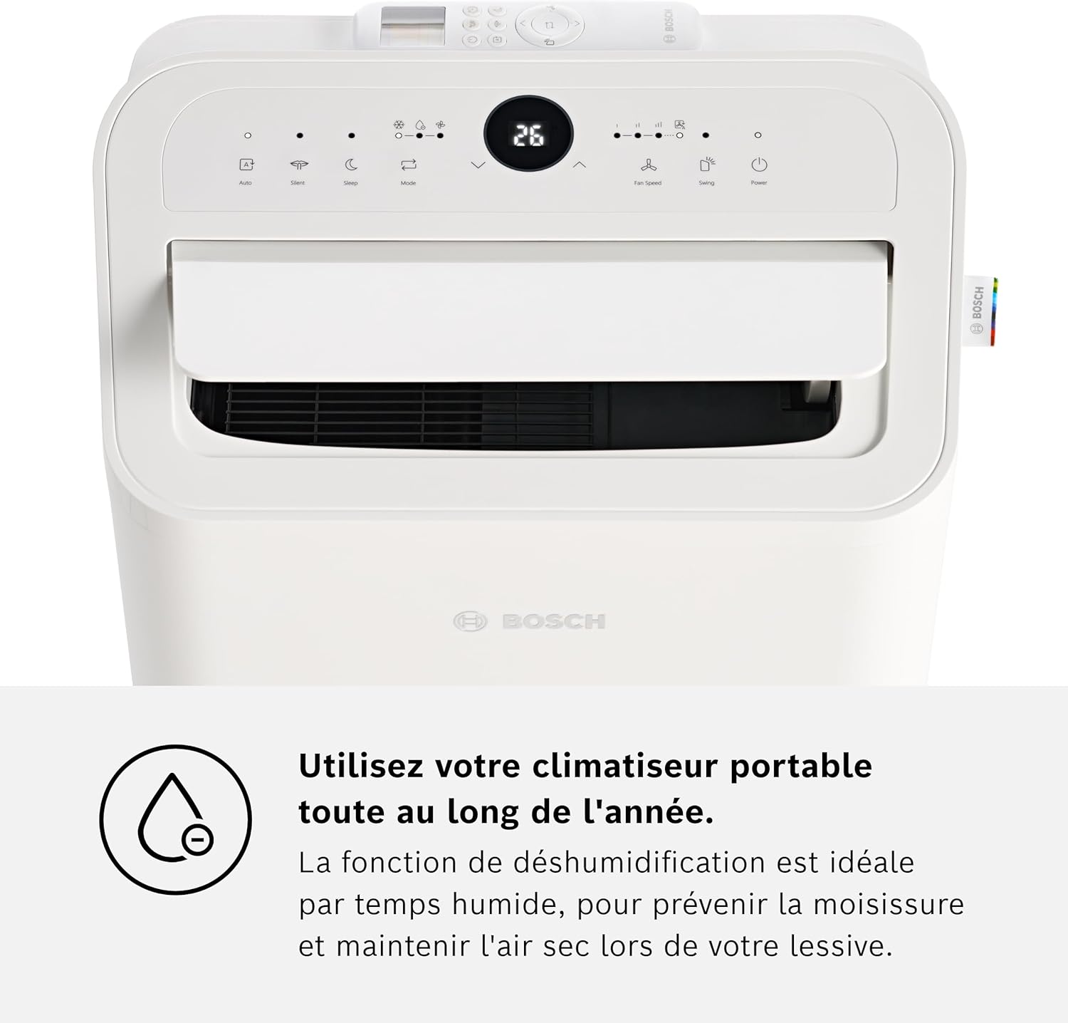 Bosch Cool 2000 Portable AC - 3 en 1 Climatiseur, Déshumidificateur, Ventilateur - 2,6 kW pour les pièces jusqu'à 35m² - Avec Mode Auto, Mode Silencieux et Mode Veille (46 db (A)) [Classe A]