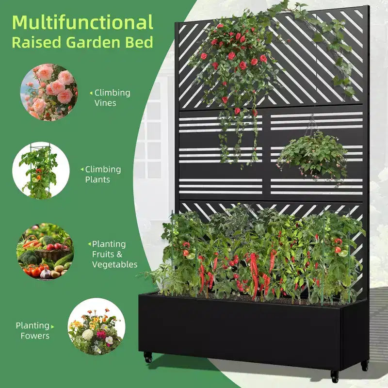 MAYEERTY Planter Box with Trellis Iron Black Parallel Line 01 Louvered Classic Combined Style 72x47x16in 3-Piece Set
