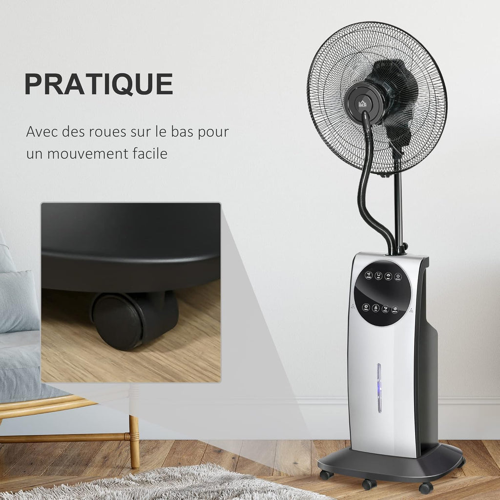 HOMCOM Ventilateur brumisateur silencieux 90 W, ventilateur sur pied 135 cm avec 3 modes 3 vitesses, télécommande, minuterie 12H, oscillation à 70°, écran LED, réservoir d'eau de 3,1L, gris et noir