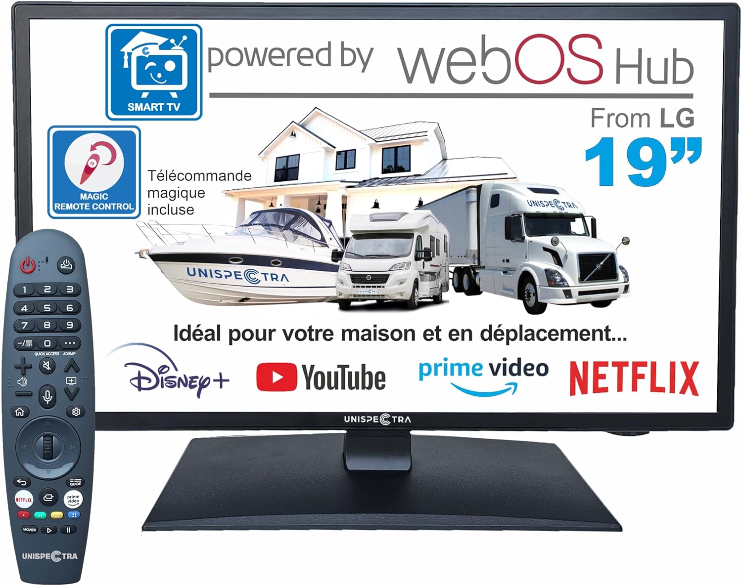 Unispectra  19” Smart TV (webOS) avec Télécommande Magique 12v HDR 230v 24v TV TNT et Tuner Sat 3xHDMI 2xUSB. Téléviseurs 12V pour Camping-Cars, caravanes, fourgonnettes, Bateaux