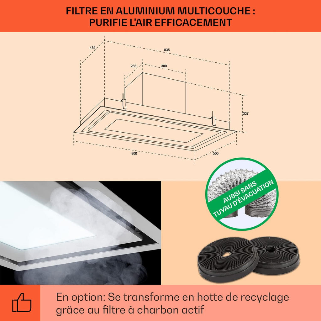 Klarstein Remy Brilliant Edition - Hotte îlot, 618 m³/h, 230 W, télécommande, lampe LED: 3 niveaux de luminosité jusqu'à 6500 Kelvin, filtre à graisse, extraction et recyclage d'air - 90 cm, argent