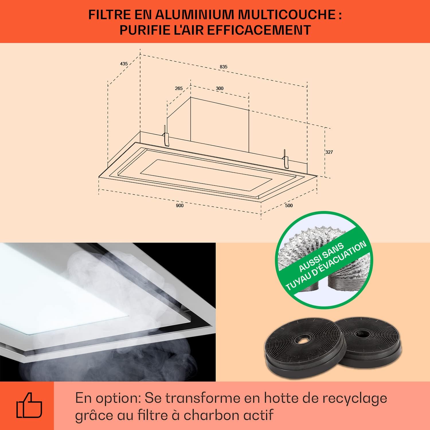 Klarstein Remy Brilliant Edition - Hotte îlot, 618 m³/h, 230 W, télécommande, lampe LED: 3 niveaux de luminosité jusqu'à 6500 Kelvin, filtre à graisse, extraction et recyclage d'air - 90 cm, argent