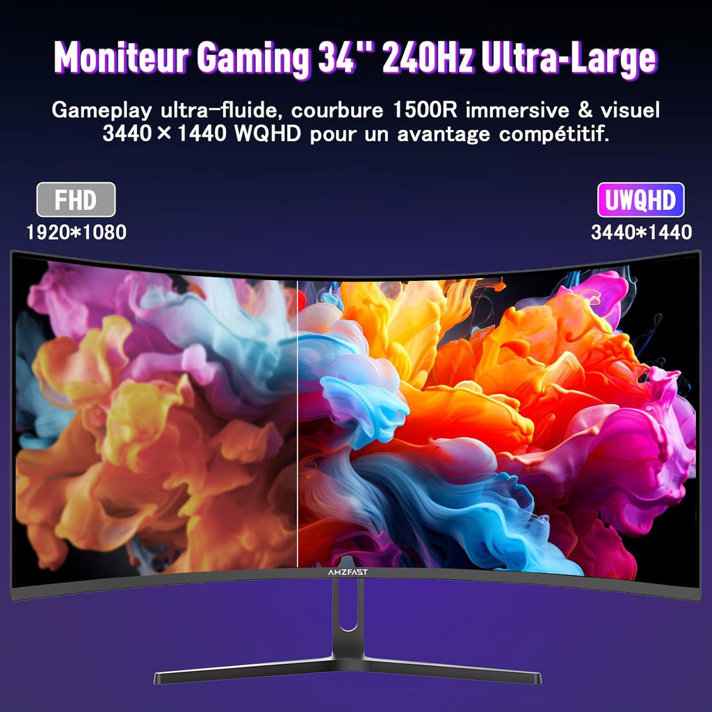 Amzfast Ecran Pc Gamer Incurvé 34 Pouces, 240Hz, UWQHD 3440x1440 (21:9), 1 ms MPRT, Eyes Care, sRGB 130 pour cent, Adaptive Sync, HDR, HDMI 2.1 * 2, DP 1.4 * 2, VESA 75x75, PIP/PBP, AMZG34C5QPro