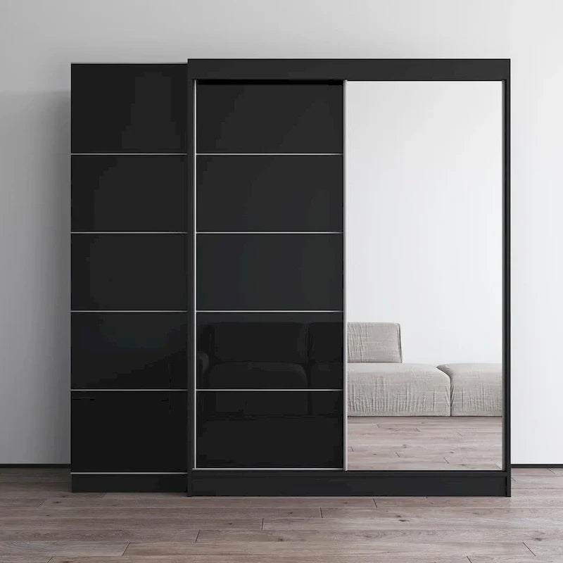 2-Door Wardrobe with Mirror, Glass Front, 2-Person (Gray / Black / White)