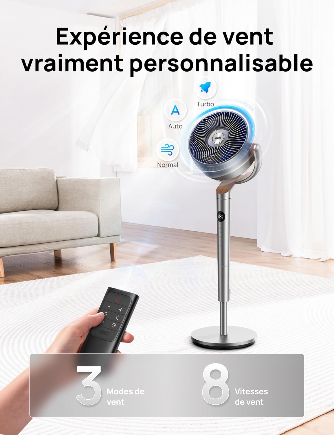 DREO 23dB ventilateur sur pied silencieux, portée de 24M, volume d'air 1200m³/h, turbo circulateur, hauteur de 102CM, 3 modes, 8 vitesses, oscillation omnidirectionnelle 120°+120°, PolyFan 502
