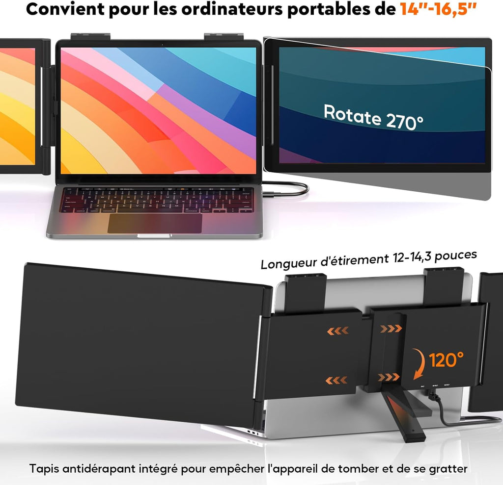 Moniteur pour Ordinateur Portable 14 "FHD 1080P IPS, Triple Écran Portatif USB C, Extension Écran pour Ordinateur Portable 14"-16" Compatible avec Mac, Windows, Chrome, Switch, PS45