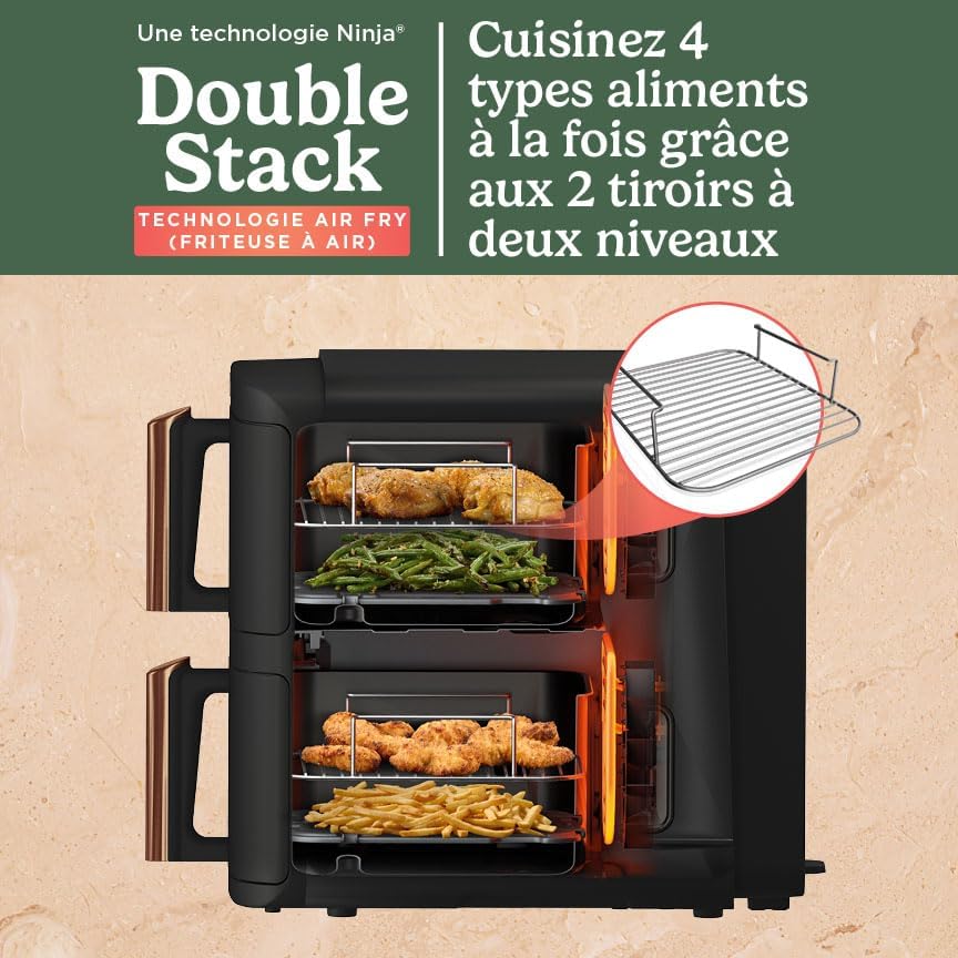 NINJA Double Stack XL Air Fryer 2 Compartiments Verticale, Compact, 4 Niveaux de Cuisson, Capacité de 9,5L, Air Fryer 6-en 1, Pièces Antiadhésives Amovibles Lavables Au Lave-Vaisselle, Noir/Cuivre