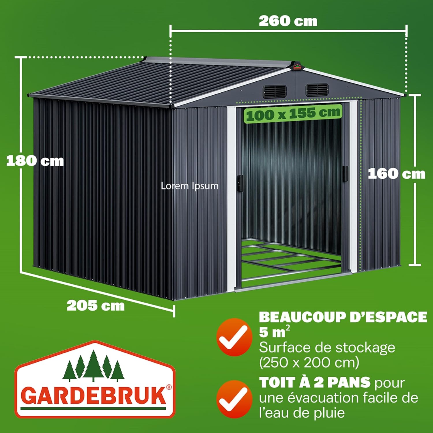 GARDEBRUK Abri de Jardin métal XXL 5m² Fondation 260x205x180cm Porte coulissante Anthracite-métallique cabane de Jardin cabanon de Jardin 9m³