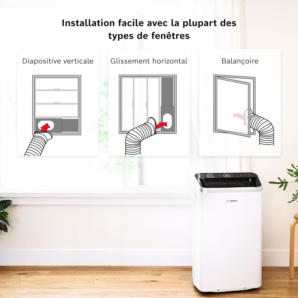 Bosch Cool 4000 Portable AC - 3 en 1 Climatiseur, Déshumidificateur, Ventilateur - 2,6 kW pour les pièces jusqu'à 35m² - Avec Mode Auto, Mode Silencieux et Mode Veille (48 db (A)) Classe A+]