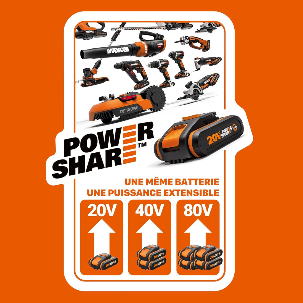 WORX Tondeuse à Gazon sans Fil 40V WG737E, Surface Max de 600 m², Lame de 37cm, Sac de 40L, Coupe jusqu'aux Bordures, 6 Hauteurs de Coupe, Livrée avec 2 Batteries 4Ah et Chargeur Double Rapide