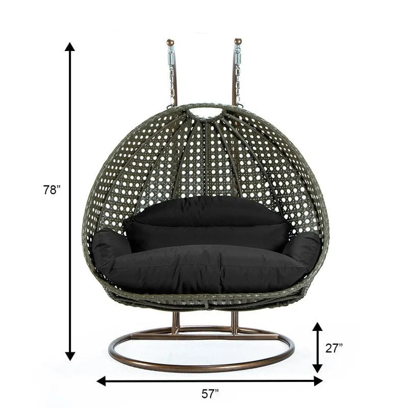 Egg-Shaped Hanging Swing Chair with Metal Stand, Wicker Frame & Cushion �C Beige / Charcoal Blue / White / Blue / Antique White / Brown / Canvas, Seats 2