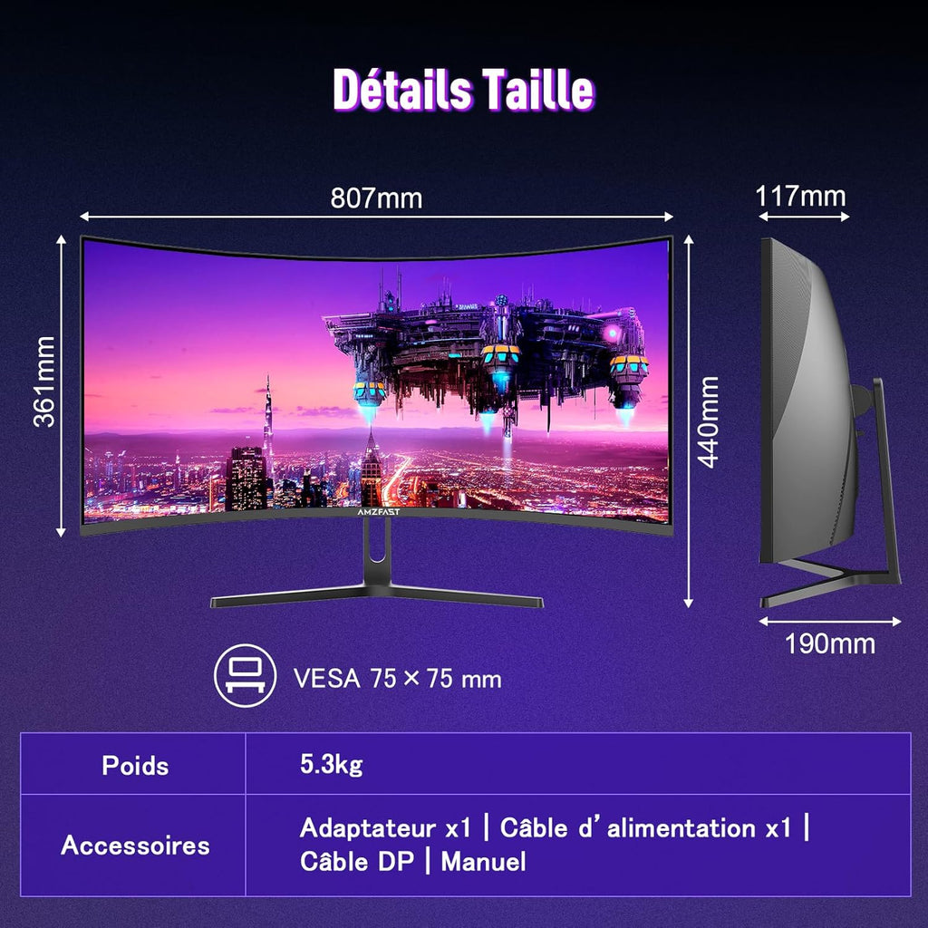Amzfast Ecran Pc Gamer Incurvé 34 Pouces, 240Hz, UWQHD 3440x1440 (21:9), 1 ms MPRT, Eyes Care, sRGB 130 pour cent, Adaptive Sync, HDR, HDMI 2.1 * 2, DP 1.4 * 2, VESA 75x75, PIP/PBP, AMZG34C5QPro