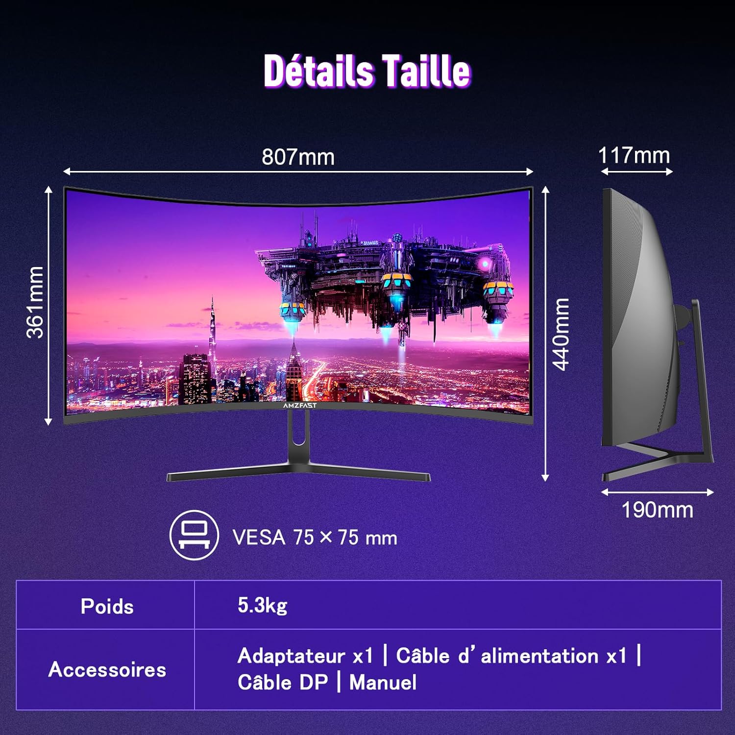 Amzfast Ecran Pc Gamer Incurvé 34 Pouces, 240Hz, UWQHD 3440x1440 (21:9), 1 ms MPRT, Eyes Care, sRGB 130 pour cent, Adaptive Sync, HDR, HDMI 2.1 * 2, DP 1.4 * 2, VESA 75x75, PIP/PBP, AMZG34C5QPro