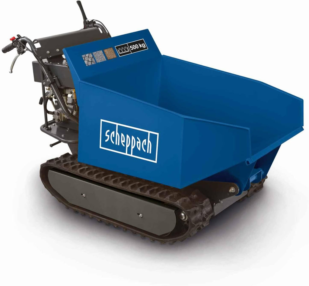 Scheppach Dumper - Benne motorisée Thermique sur chenilles DP5000 | Charge maximale de 500kg | 5,5 CV | Moteur 4T de 196cm3 | 3X Marche Avant / 1x Marche arrière | Benne basculante | Brouette