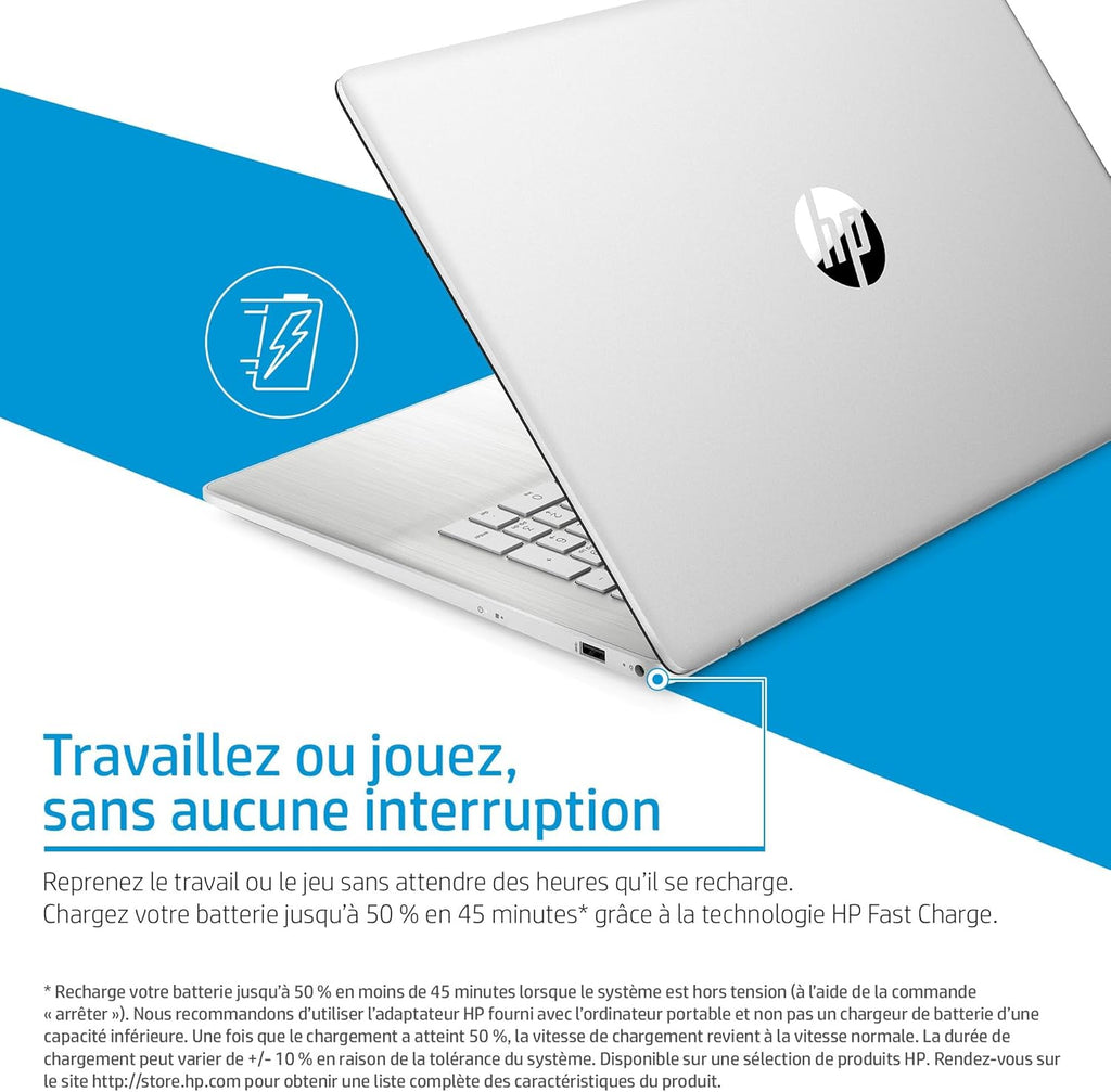 HP 17-cp2003sf Ordinateur Portable 17,3" FHD IPS, PC Portable (AMD Ryzen 5 7520U, RAM 16 Go, SSD 512 Go, AMD Radeon Graphics, Windows 11), Laptop Argent, Clavier AZERTY