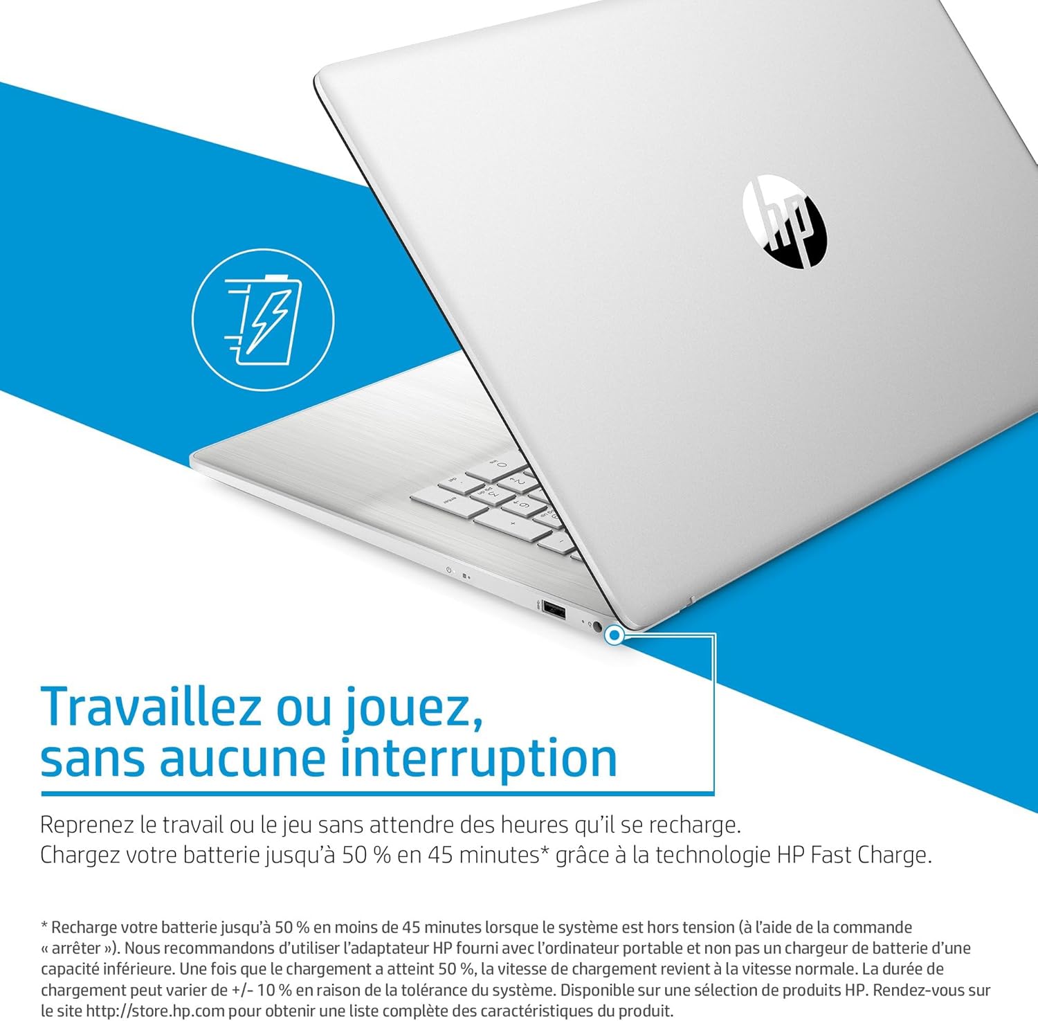 HP 17-cp2003sf Ordinateur Portable 17,3" FHD IPS, PC Portable (AMD Ryzen 5 7520U, RAM 16 Go, SSD 512 Go, AMD Radeon Graphics, Windows 11), Laptop Argent, Clavier AZERTY