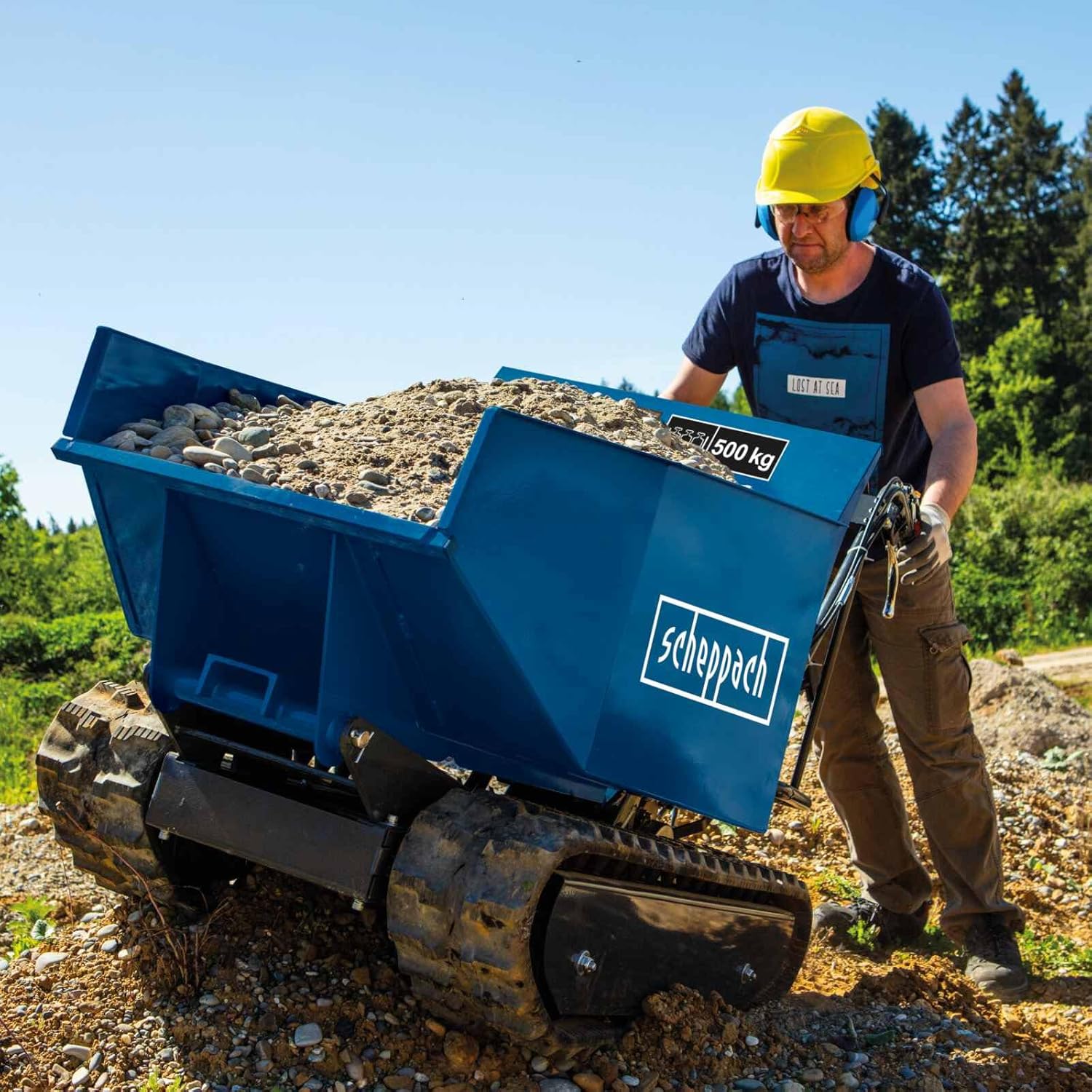 Scheppach Dumper - Benne motorisée Thermique sur chenilles DP5000 | Charge maximale de 500kg | 5,5 CV | Moteur 4T de 196cm3 | 3X Marche Avant / 1x Marche arrière | Benne basculante | Brouette