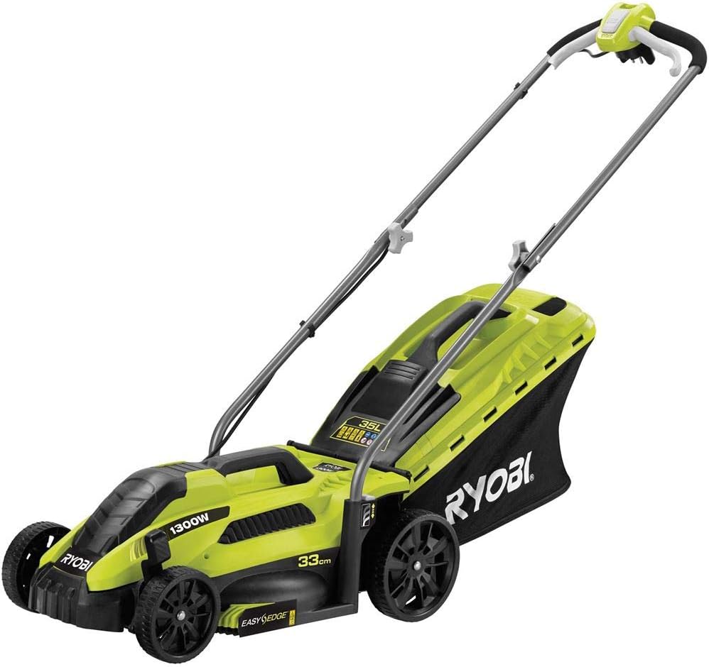 Tondeuse électrique RYOBI 1300W Coupe 33cm RLM13E33S - Bac de 35L, réglage centralisé de la Hauteur, 2-en-1 ramassage et Mulching, Ergonomique, idéale pour Jardins jusqu'à 300 m².