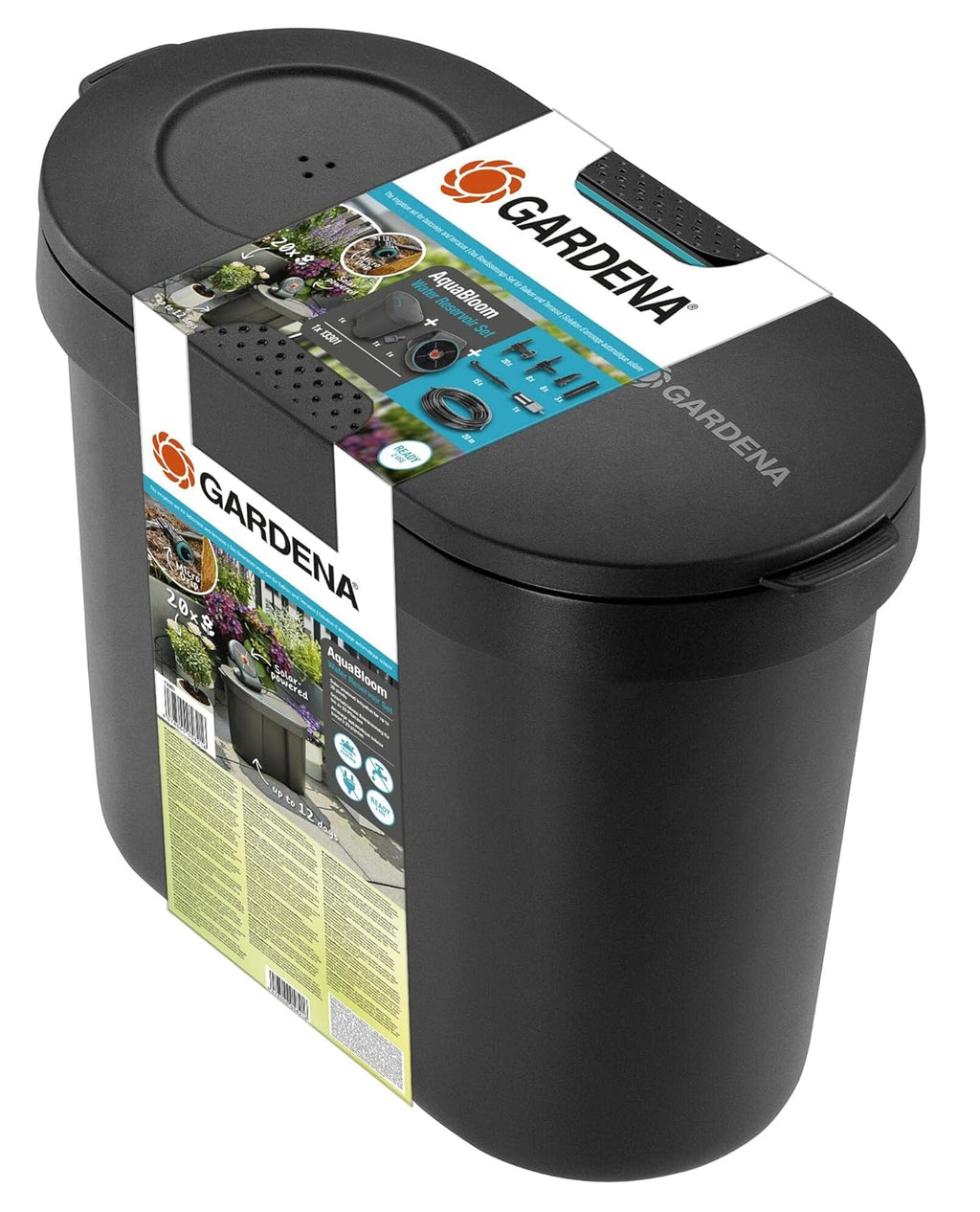 Gardena Aquabloom Solution d'arrosage Automatique Solaire avec réserve d'eau: jusqu'à 20 Plantes pour terrasse ou Balcon, arrosage Goutte à Goutte, 14 programmes d'arrosage (13301-20)