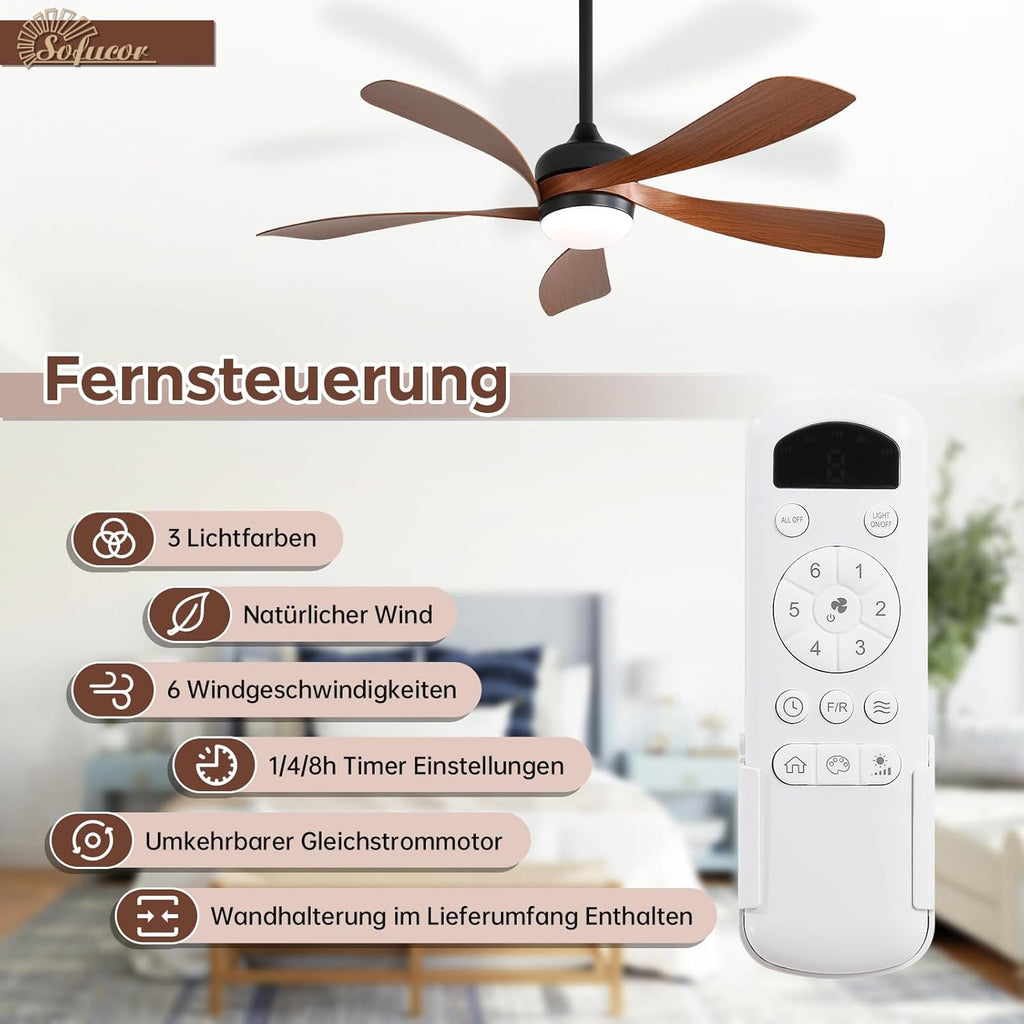 Sofucor Ventilateur Plafond avec Lumiere et Telecommande, 132 cm Dimmable Lampe Ventilateur Plafond LED, 6 Vitesses, DC Silencieux Réversibles, Minuterie, pour Chambre