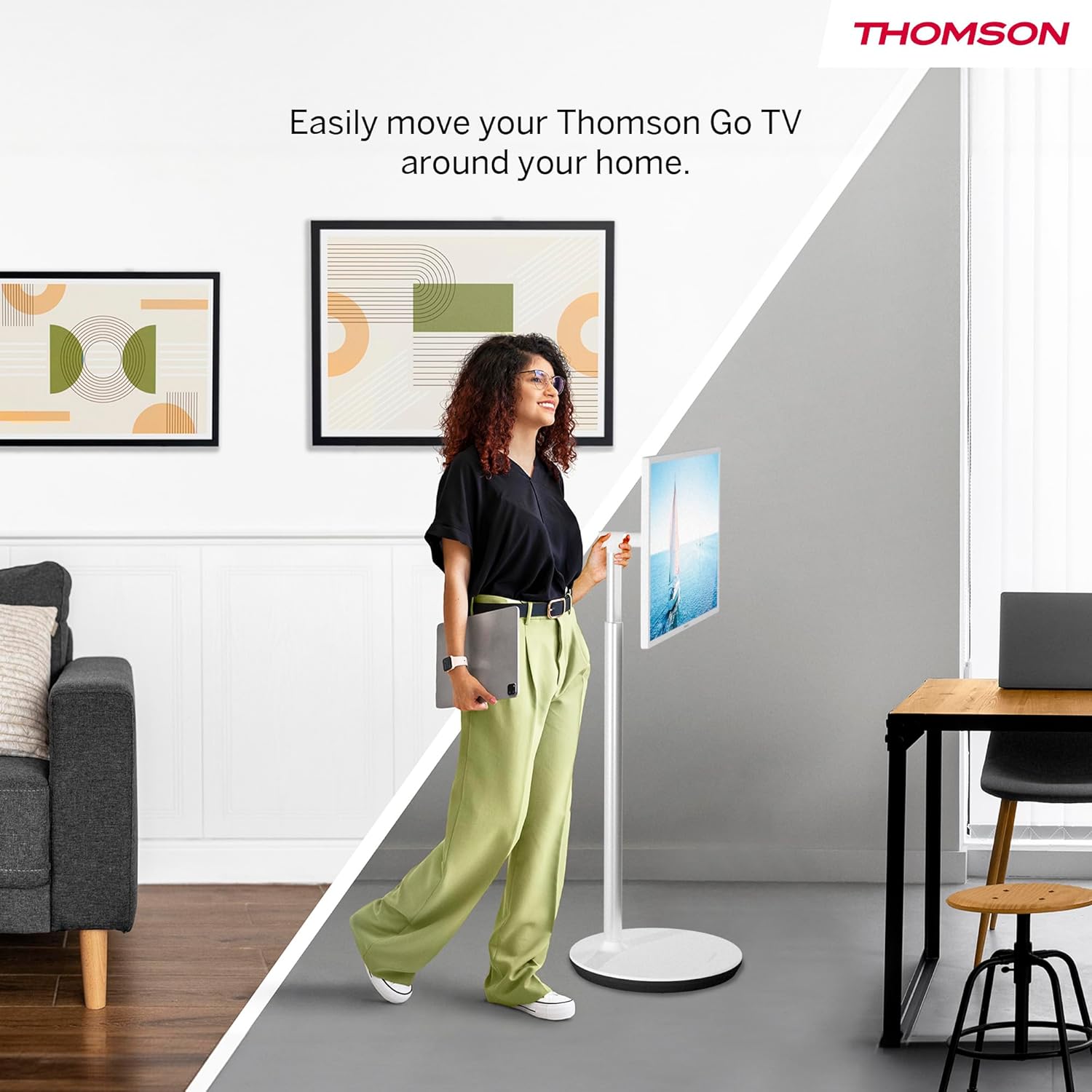THOMSON Go TV 32 Pouces (81 cm), téléviseur Android Portable – HD Ready (1366x768), Commande vocale, Netflix, Disney,Google,Bluetooth 5.1, Wi-FI, Fonction Hotspot, autonomie Jusqu’à 4 Heures