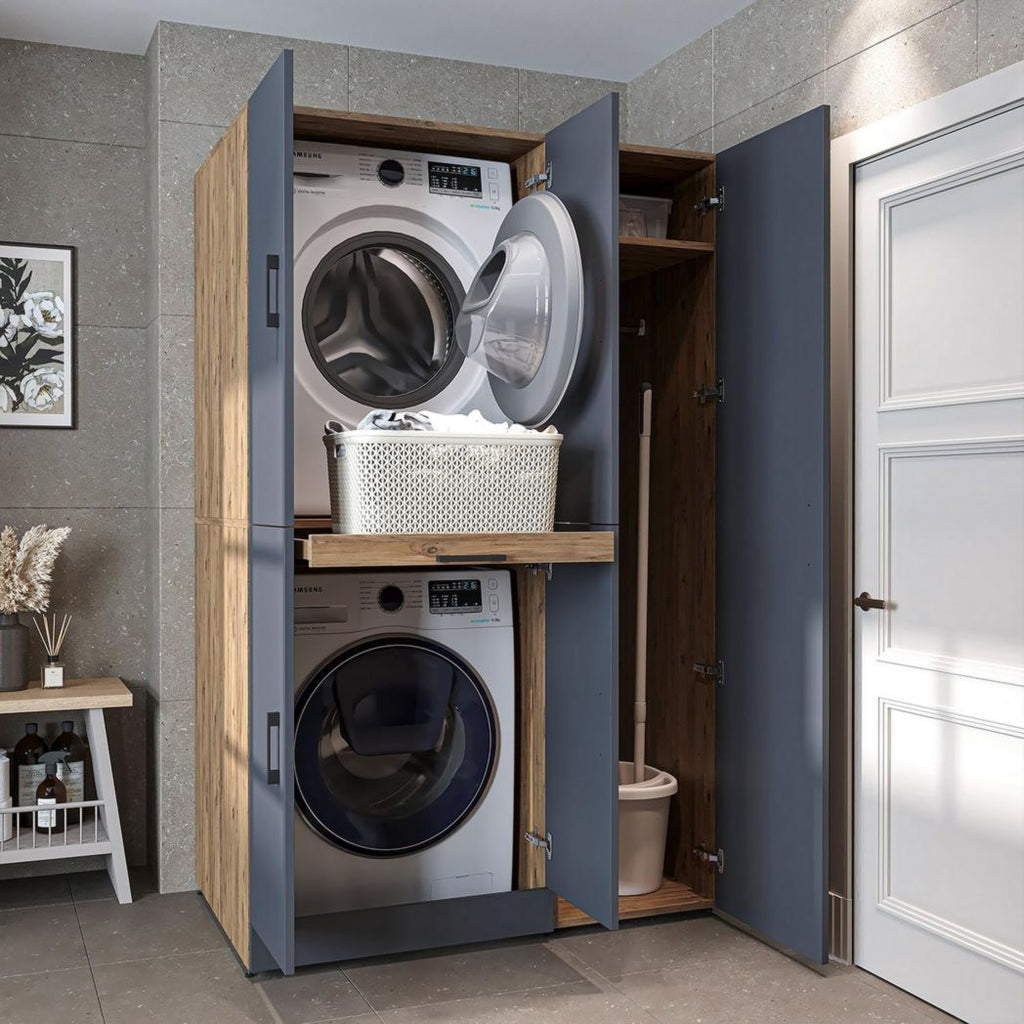 ROOMART Dora - Meuble pour machine à laver - Pour sèche-linge et machine à laver - En 4 couleurs - Avec portes et panneau coulissant - Blanc - Chêne blanc - Chêne anthracite - Chêne blanc (chêne blanc)