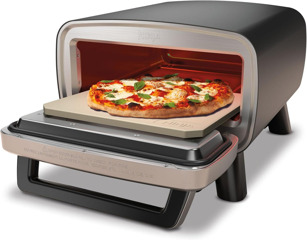 Ninja Artisan Four à pizza et friteuse sans huile électrique d’extérieur, avec 4 modes : Pizza, Frire sans huile, Cuire au four, Faire lever, Avec pierre, pelle, plateau, panier Crousti, Gris MO201EU