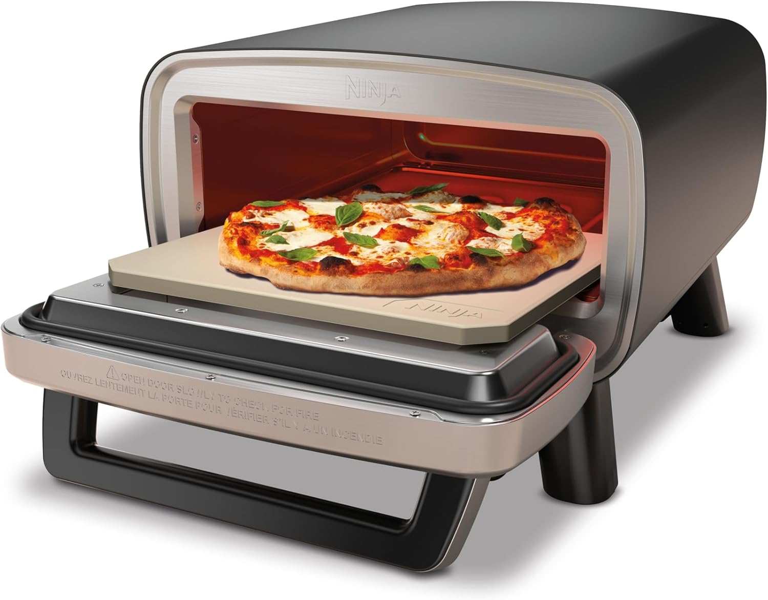 Ninja Artisan Four à pizza et friteuse sans huile électrique d’extérieur, avec 4 modes : Pizza, Frire sans huile, Cuire au four, Faire lever, Avec pierre, pelle, plateau, panier Crousti, Gris MO201EU