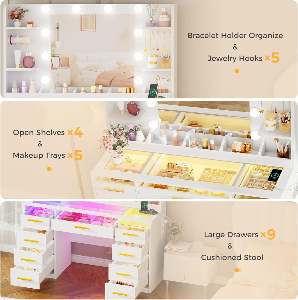 ANWBROAD coiffeuse blanche avec miroir et éclairage LED 3 couleurs, plateau en verre, 9 tiroirs RGB, 4 étagères, prise intégrée
