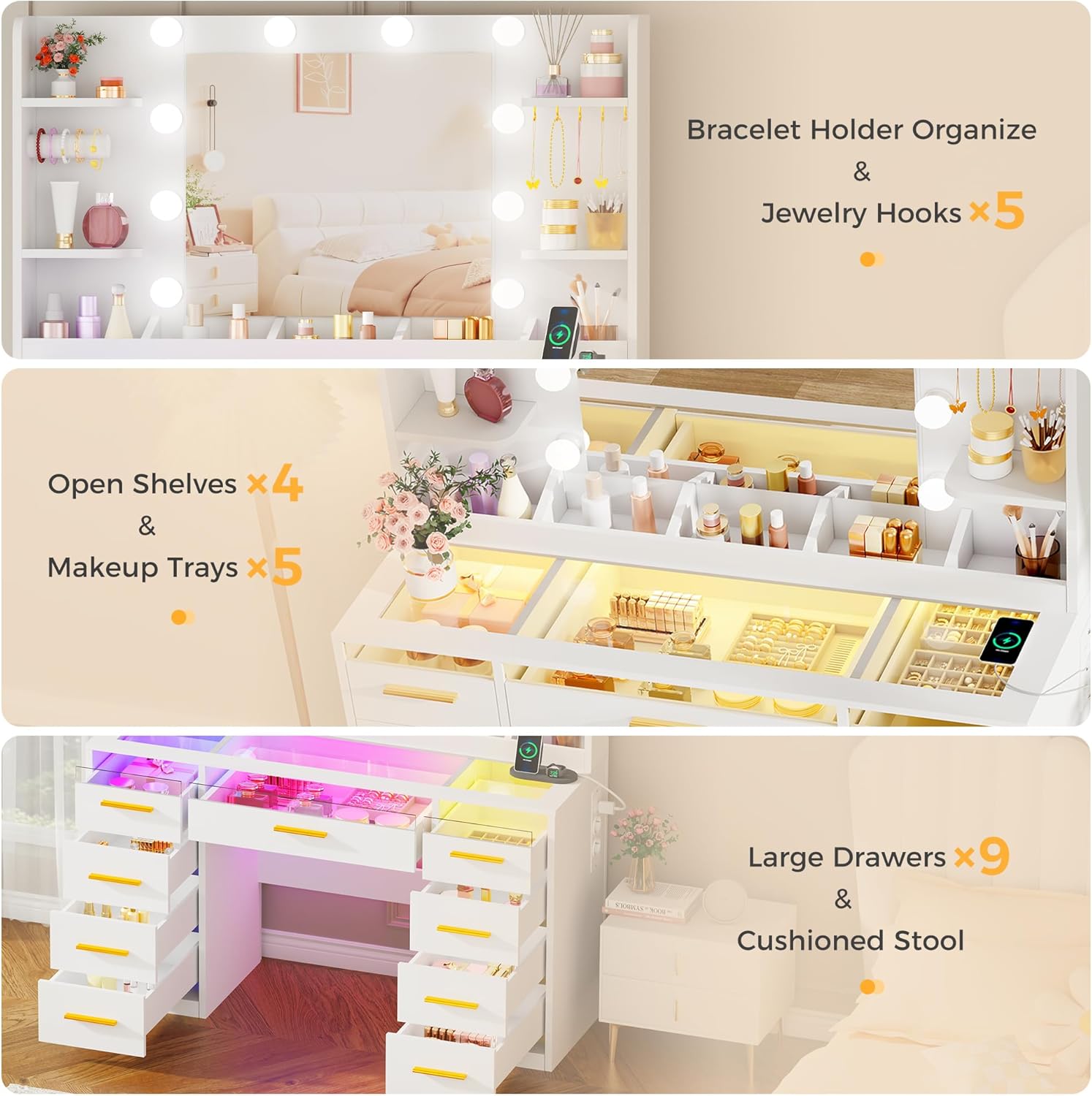 ANWBROAD coiffeuse blanche avec miroir et éclairage LED 3 couleurs, plateau en verre, 9 tiroirs RGB, 4 étagères, prise intégrée