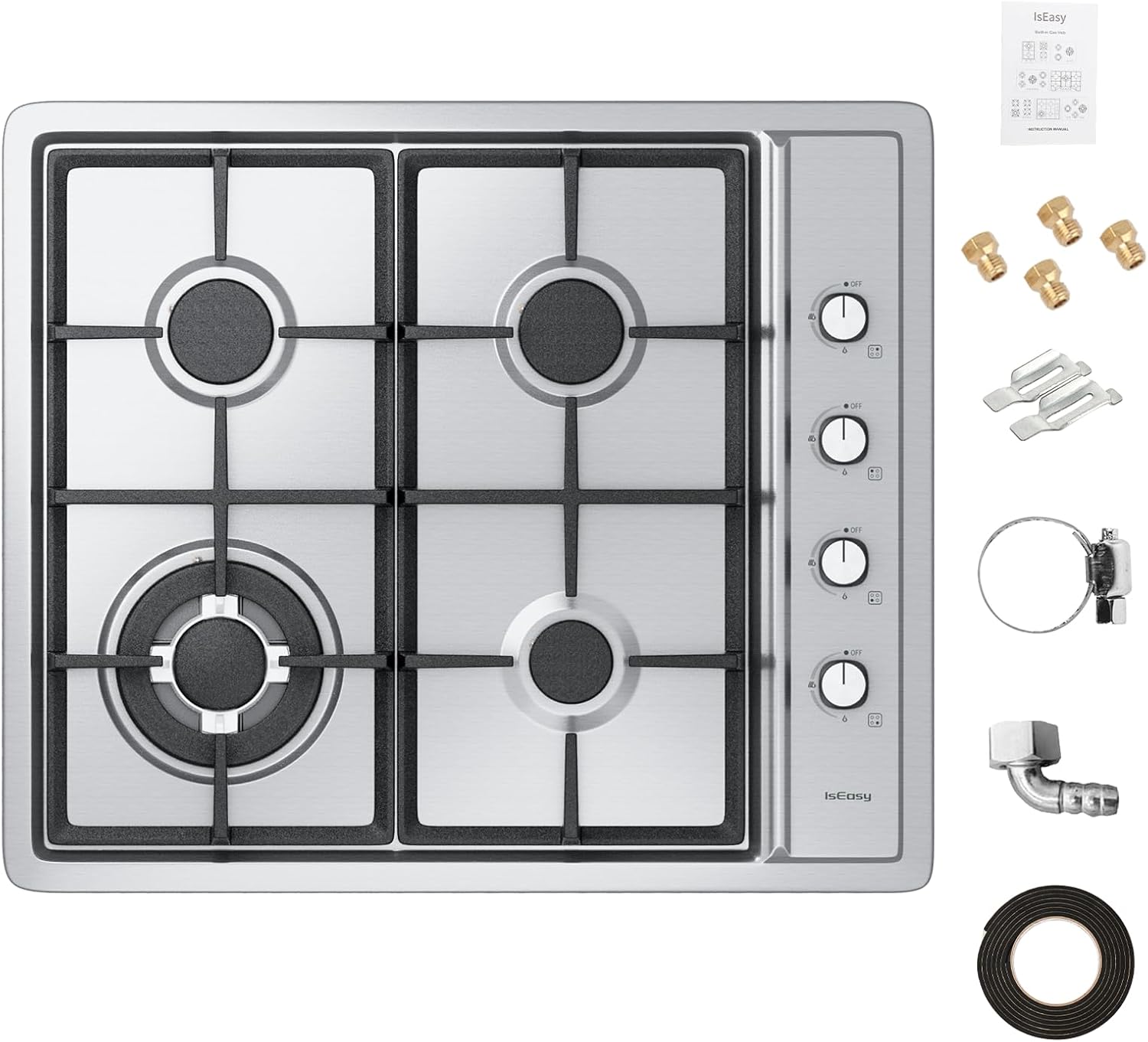 IsEasy Plaque Gaz 4 Feux Inox, Plaque de Cuisson Gaz 4 feux Encastrable, Table de cuisson 60cm, Gazs Ville et Bouteille