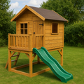 Cabane sur pilotis en bois avec toboggan et terrasse(Marron/Vert)