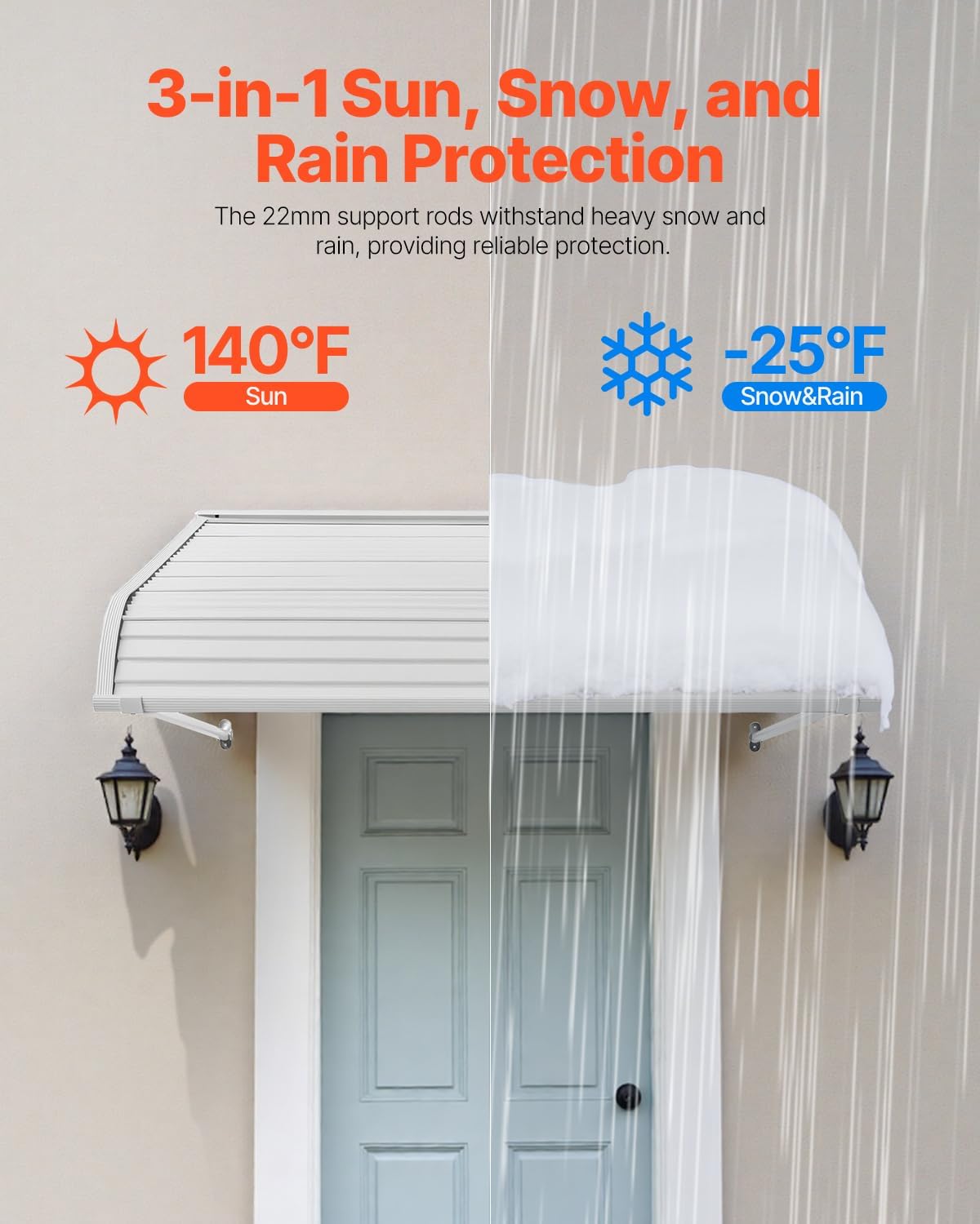 VEVOR Auvent de Porte d'Entrée 122x106,6 cm Marquise de Porte Extérieure Aluminium, Abri de Protection Contre Pluie, Neige, Soleil, Auvent Stable pour Portes d'Entrée, Fenêtres de Porches, de Balcons