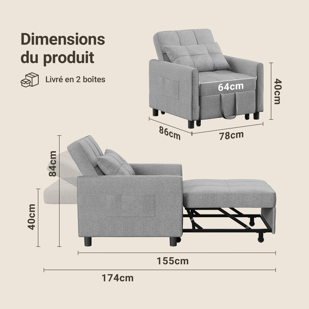 Xbro Fauteuil-lit 3 en 1 Convertible 1 Place, Fauteuil-lit avec Fonction Lit, Canapé-lit Réglable avec Coussin et Sac, Fauteuil avec Fonction Lit pour Petit Appartement (Gris Clair)