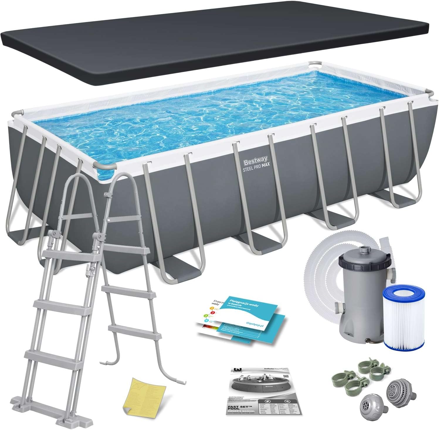Bestway - Piscine Hors Sol Steel Pro Max, Filtre à Cartouche, bâche, échelle - 488 cm x 244 cm x 122 cm - Gris foncé