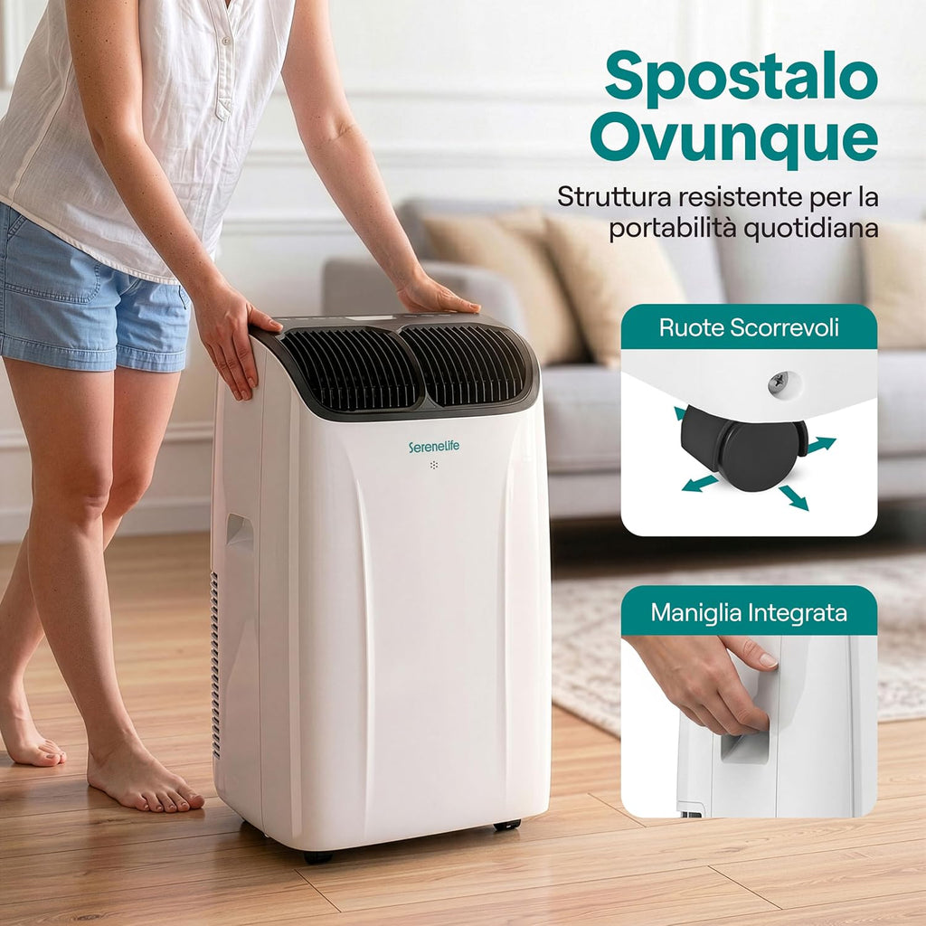 SereneLife Climatiseur Portable 14 000 BTU 4 en 1 – Clim Mobile Silencieuse avec Évacuation, Contrôle APP, Refroidissement, Chauffage, Déshumidificateur, Ventilation et Kit Fenêtre, jusqu’à 32 m²