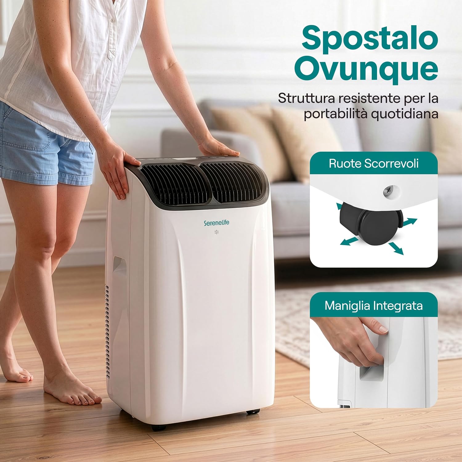SereneLife Climatiseur Portable 14 000 BTU 4 en 1 – Clim Mobile Silencieuse avec Évacuation, Contrôle APP, Refroidissement, Chauffage, Déshumidificateur, Ventilation et Kit Fenêtre, jusqu’à 32 m²
