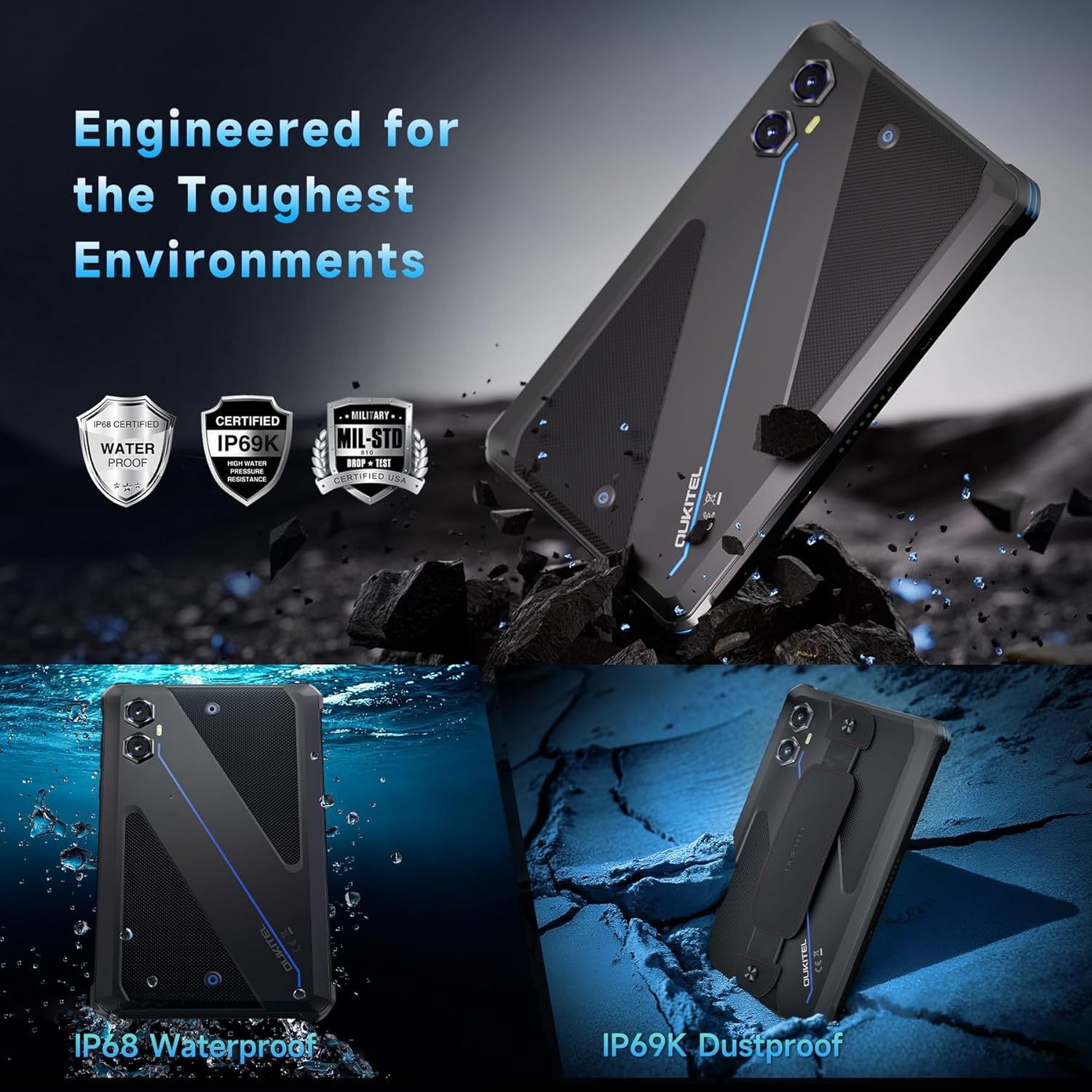 OUKITEL RT3 Plus Tablette Incassable Android 15, 11000mAh Tablettes Durcie, 16Go RAM + 128Go ROM/TF 1To Tablette 8 Pouces, 16MP Caméra Tablettes Tactile, NFC/Dual SIM 4G/GPS/OTG - Bleu
